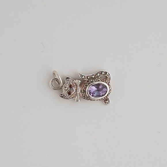 Vintage Sterling Silver Garnet Amethyst Marcasite Pendant Kitty Cat Feline - Picture 6 of 10